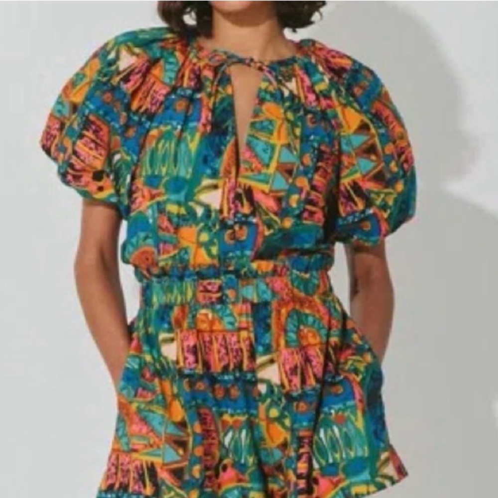 Cleobella Kai 100% Organic Cotton Puff Sleeve Tropical Print Blouse Size Small - Picture 2 of 12